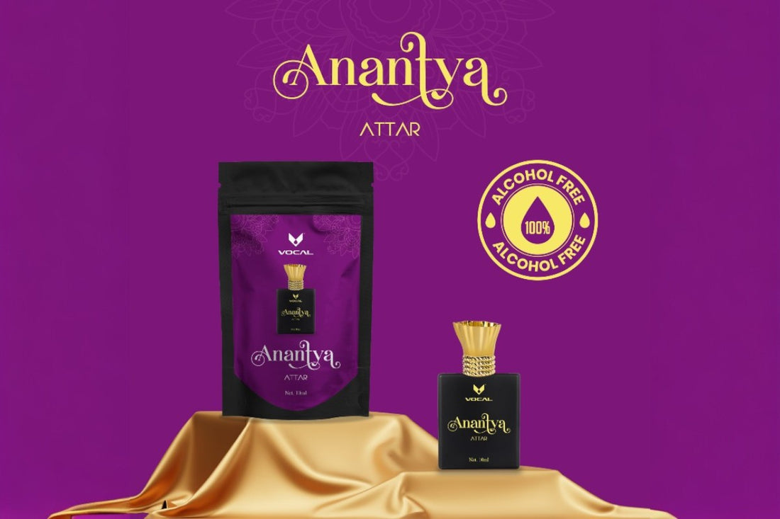 Anantya Attar 10ml bottle, an alcohol-free, unisex fragrance with soothing floral and earthy notes, inspired by Indian spirituality and purity