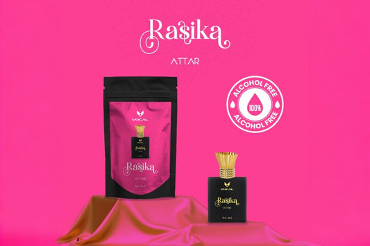 Rasika Attar 10ml bottle, a luxurious Indian fragrance blending rose, saffron, and agarwood, perfect for festive celebrations.